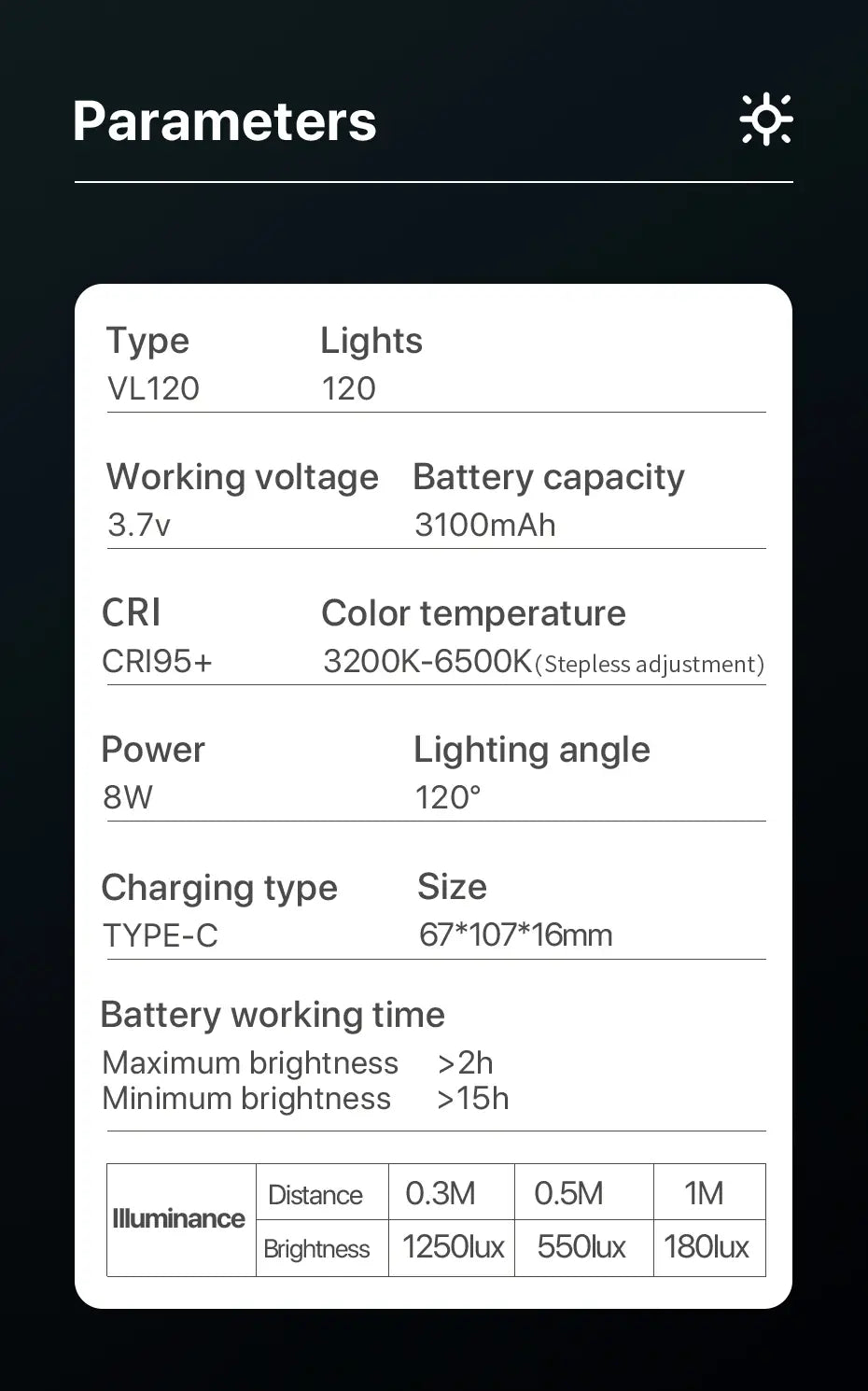 Iluminação VL120 (3200-6500K)