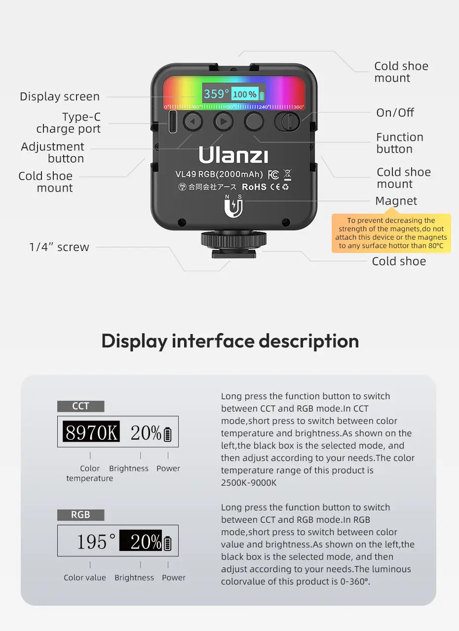 Iluminação VL49 RGB 2700-9999K (Portátil)