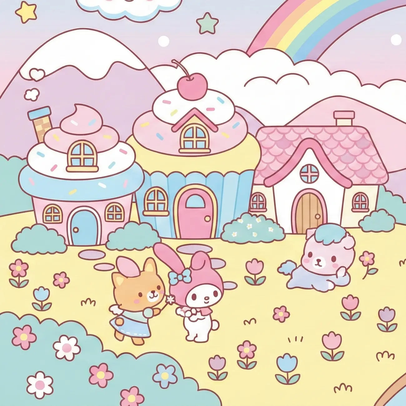 Pelúcias, garrafas e acessórios fofos dos personagens Sanrio como Hello Kitty e Kuromi.