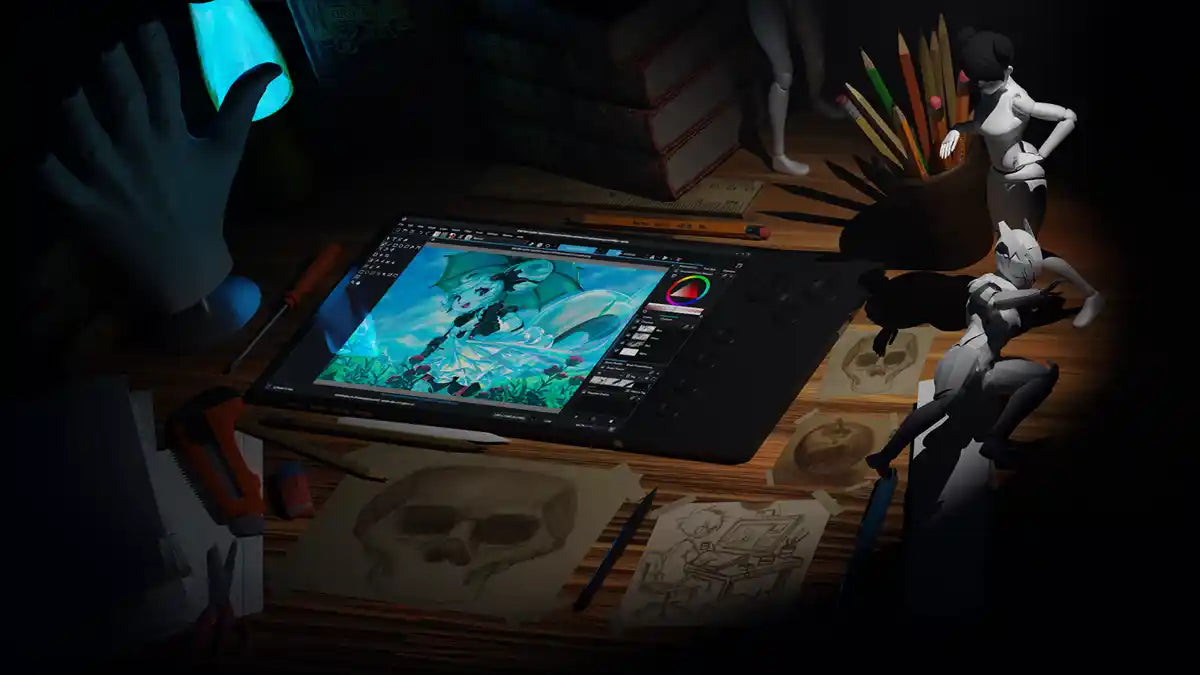 Itens de decoração futurista e organização para escritório e setups criativos.