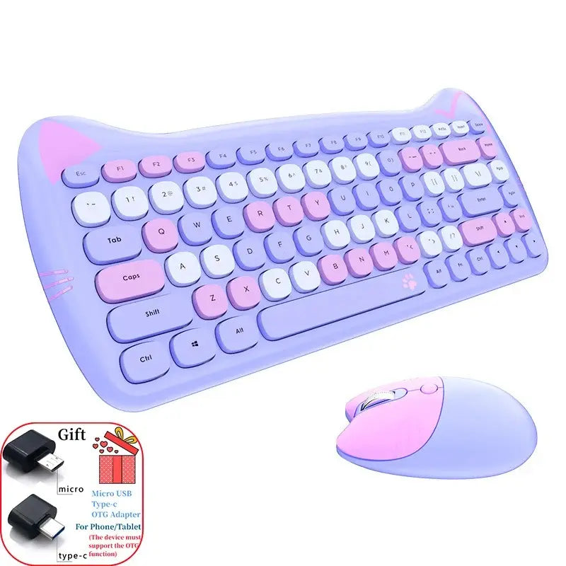 Conjunto Teclado e Mouse Kawaii (Sem Fio 2.4Ghz)