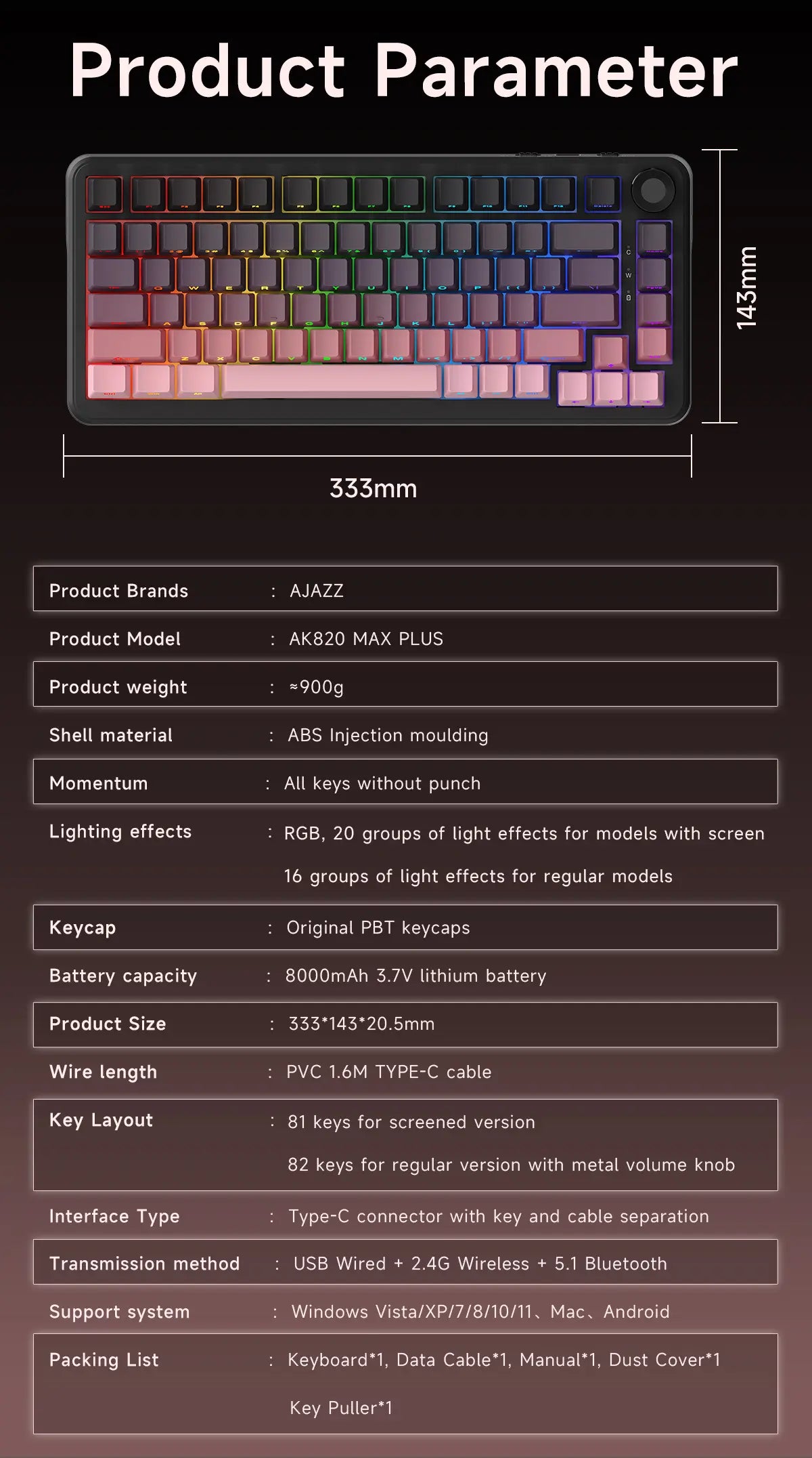 Teclado Mecânico AK820 MAX Plus (Sem fio 2.4Ghz)
