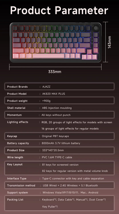 Teclado Mecânico AK820 MAX Plus (Sem fio 2.4Ghz)