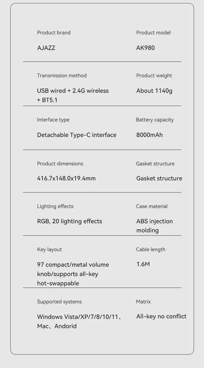 Teclado Mecânico AK980 Pro (Sem Fio 2.4Ghz)